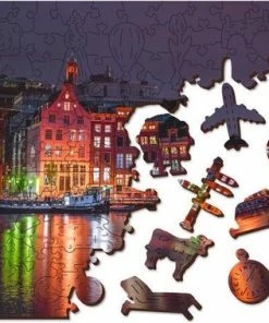 Wooden City Amsterdam Bij Nacht XL - Houten Vormpuzzel - 52x38 Cm - 600 Stukjes