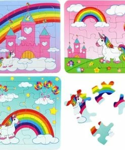 Merkloos 3 Verschillende Kartonnen Puzzels Unicorn - Eenhoorn 13,5x13cm