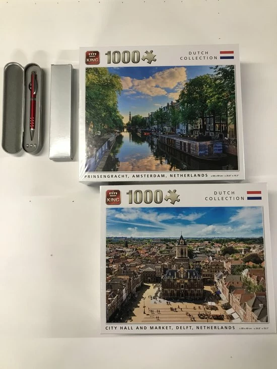 King International King - Legpuzzels Dutch Collection - City Hall And Market, Delft Netherlands + Prinsengracht, Amsterdam, Netherlands (2 X 1000 Stuks) | 68 X 49 Cm | Inclusief Unieke En Praktische Rode, Blauw Schrijvende Laserbalpen In Luxe Opbergbox. 3 King International King - Legpuzzels Dutch Collection - City Hall And Market, Delft Netherlands + Prinsengracht, Amsterdam, Netherlands (2 X 1000 Stuks) | 68 X 49 Cm | Inclusief Unieke En Praktische Rode, Blauw Schrijvende Laserbalpen In Luxe Opbergbox. - Afbeelding 3