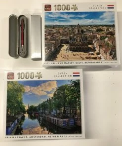 King International King - Legpuzzels Dutch Collection - City Hall And Market, Delft Netherlands + Prinsengracht, Amsterdam, Netherlands (2 X 1000 Stuks) | 68 X 49 Cm | Inclusief Unieke En Praktische Rode, Blauw Schrijvende Laserbalpen In Luxe Opbergbox.