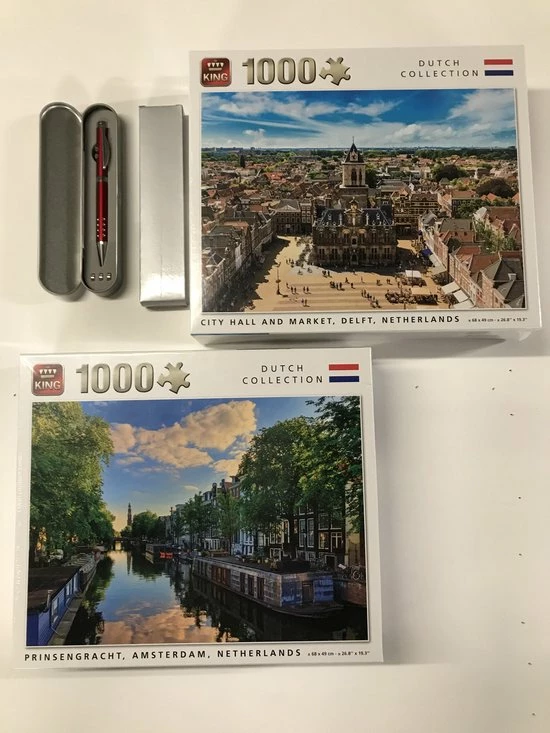 King International King - Legpuzzels Dutch Collection - City Hall And Market, Delft Netherlands + Prinsengracht, Amsterdam, Netherlands (2 X 1000 Stuks) | 68 X 49 Cm | Inclusief Unieke En Praktische Rode, Blauw Schrijvende Laserbalpen In Luxe Opbergbox. 1 King International King - Legpuzzels Dutch Collection - City Hall And Market, Delft Netherlands + Prinsengracht, Amsterdam, Netherlands (2 X 1000 Stuks) | 68 X 49 Cm | Inclusief Unieke En Praktische Rode, Blauw Schrijvende Laserbalpen In Luxe Opbergbox.